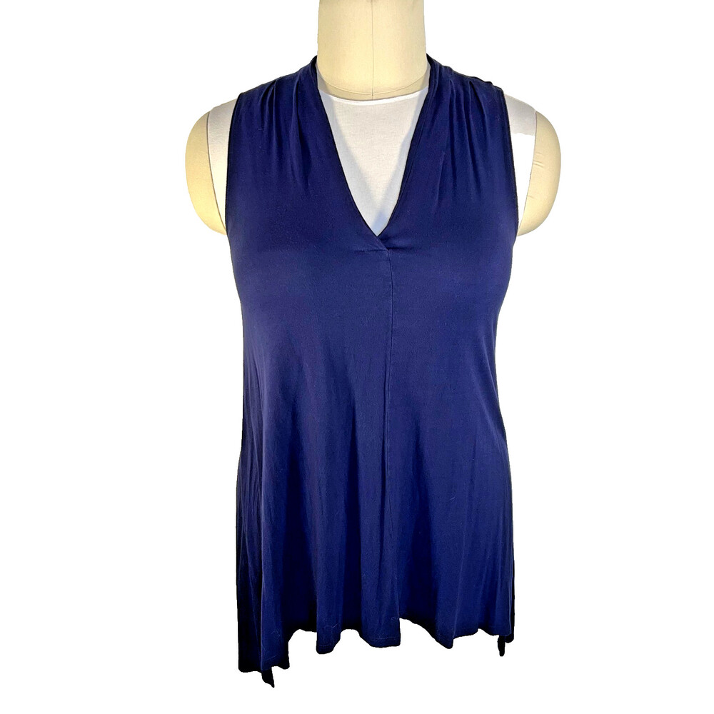 Ellos- Tunic Tank Top Size 1X Navy Blue V-Neck Flowy Sharkbite Hem